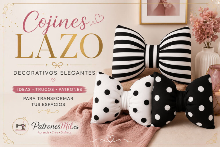 Cojines decorativos tipo lazo elegantes en blanco y negro sobre sofá moderno, tutorial DIY de costura paso a paso para confeccionar cojines handmade decorativos para el hogar.