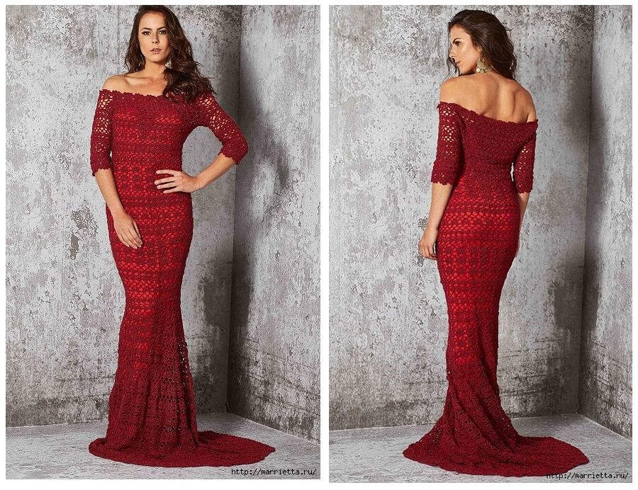 Vestido rojo de noche tejido a crochet - Patrones gratis