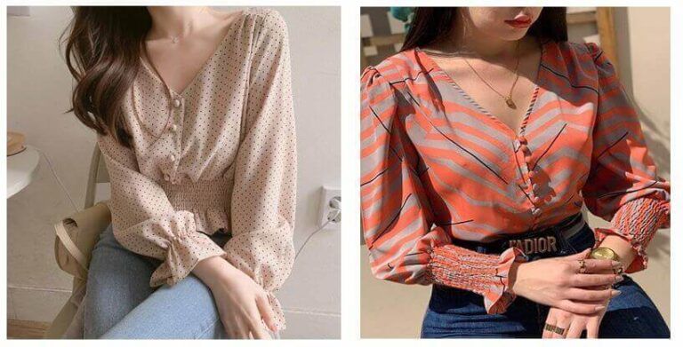 Blusa con cuello de pico y manga obispo