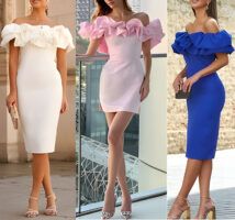 Vestido tubo midi palabra de honor con volantes