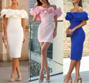 Vestido tubo midi palabra de honor con volantes