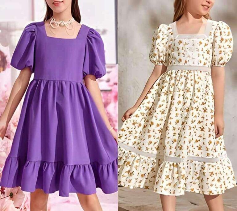 Vestido infantil con escote cuadrado y manga campesina