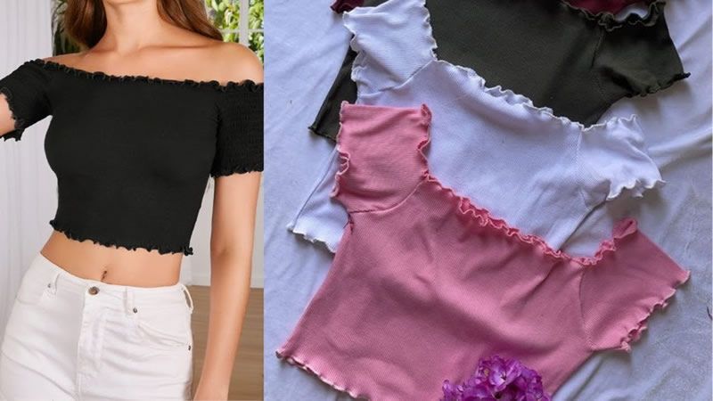 Blusa Crop top con hombros descubiertos y dobladillo lechuga 