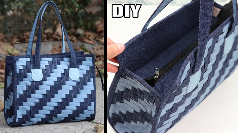 Bolso de mimbre a rayas con recortes de tela vaquera