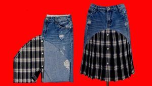 Falda plisada con jeans viejos y camisa