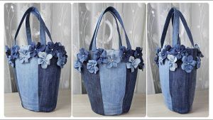 Cesta bolsa con flores con jeans viejos