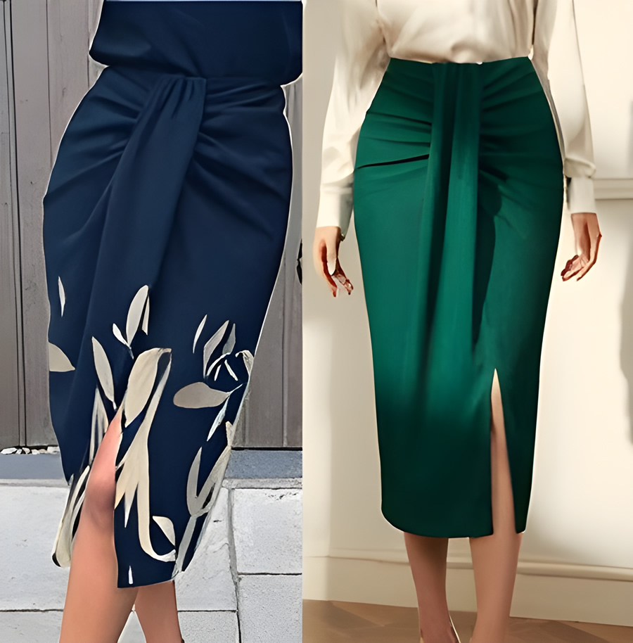 Falda lápiz midi con drapeado delantero