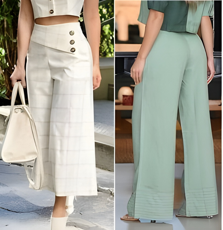 Pantalones Palazzo con cintura diagonal y botones