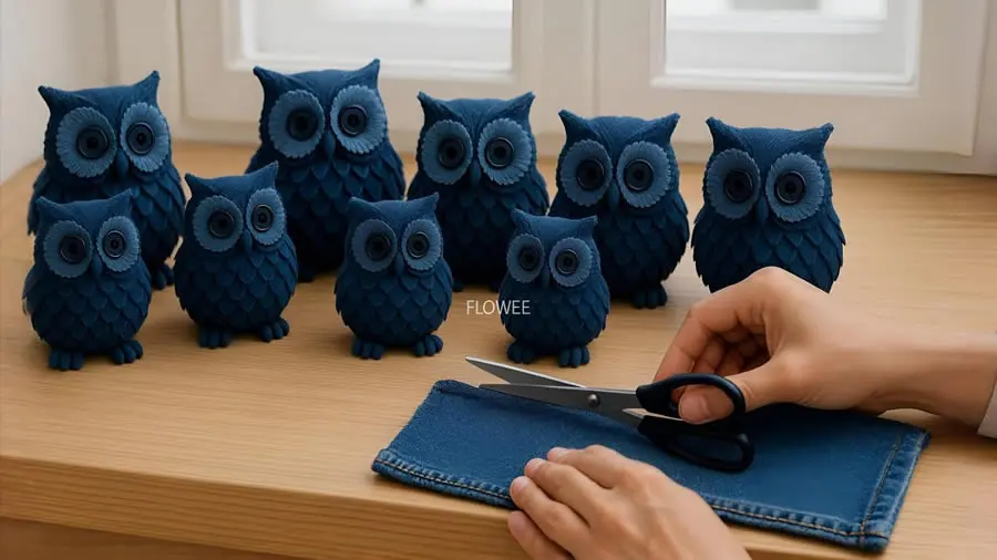 búho con mezclilla reciclada