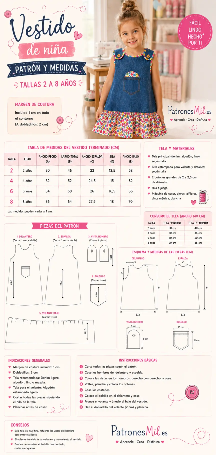 Patrón vertical de vestido infantil para niña con medidas de 2 a 8 años, esquema de costura paso a paso