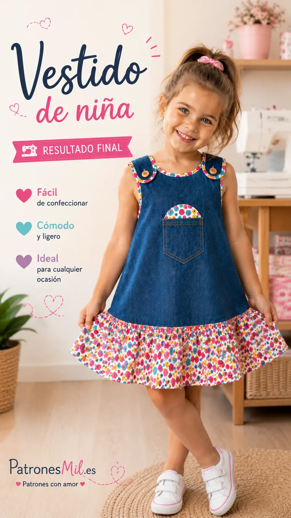 Vestido infantil de niña hecho con tela vaquera reciclada y volante estampado de colores, tutorial paso a paso de costura y patronaje
