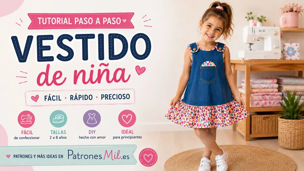 Imagen destacada horizontal de vestido infantil vaquero para niña, tutorial paso a paso de costura DIY con niña luciendo el vestido completo en taller de costura creativo.