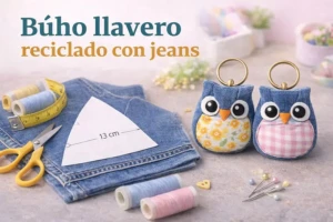 Búho llavero reciclado con jeans