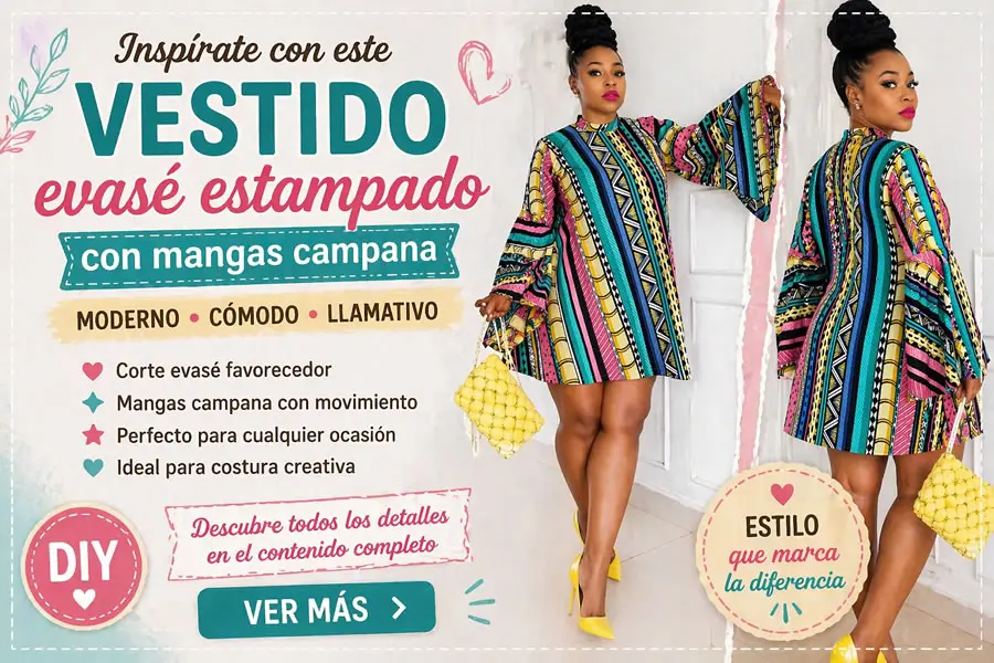 vestido corto evasé estampado con mangas campana amplias