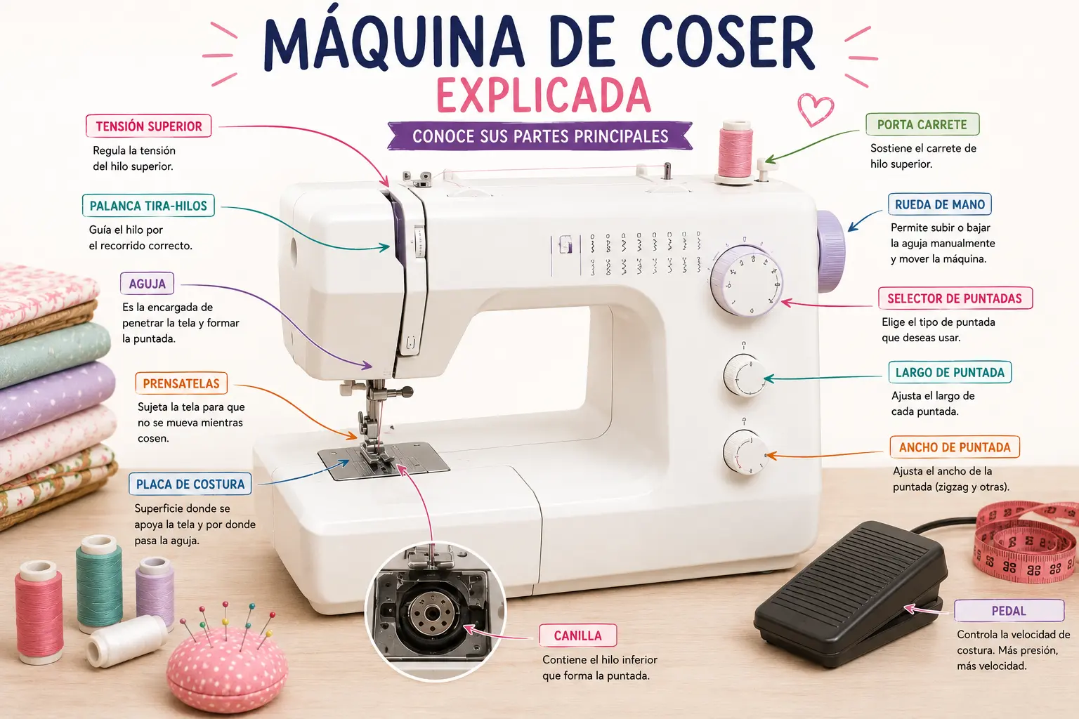 Máquina de coser explicada con partes principales señaladas como aguja, prensatelas, canilla, tensión, rueda y pedal