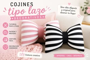 Cojines decorativos tipo lazo en blanco negro y rosa sobre sofá moderno, idea DIY de costura creativa y decoración elegante para el hogar.