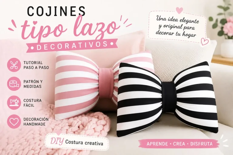 Cojines decorativos tipo lazo en blanco negro y rosa sobre sofá moderno, idea DIY de costura creativa y decoración elegante para el hogar.