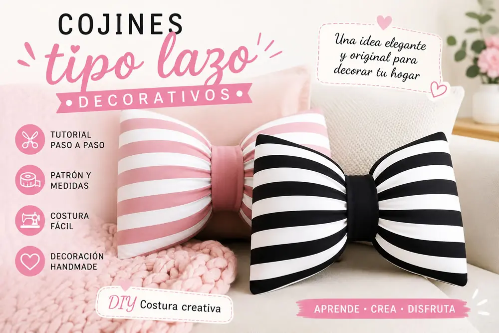 Cojines decorativos tipo lazo en blanco negro y rosa sobre sofá moderno, idea DIY de costura creativa y decoración elegante para el hogar.