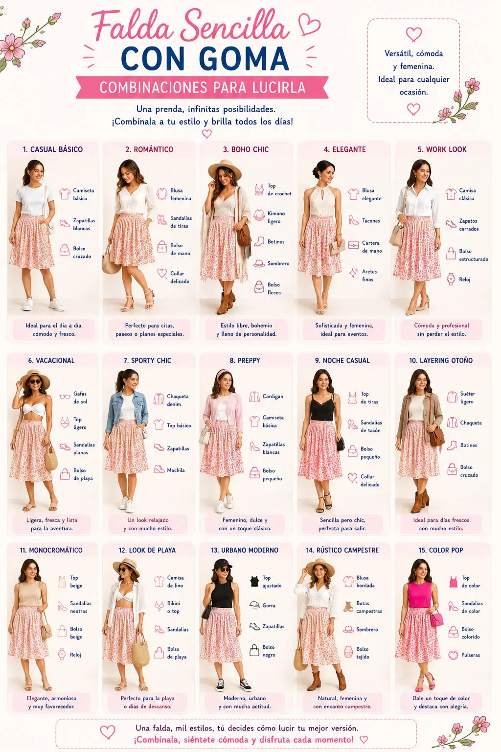 Ideas de combinaciones para lucir una falda sencilla con goma en diferentes estilos
