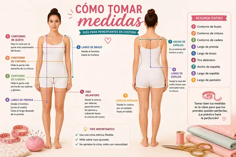 Cómo tomar medidas correctamente para costura con líneas de busto, cintura, cadera, espalda, brazo y largo de prenda