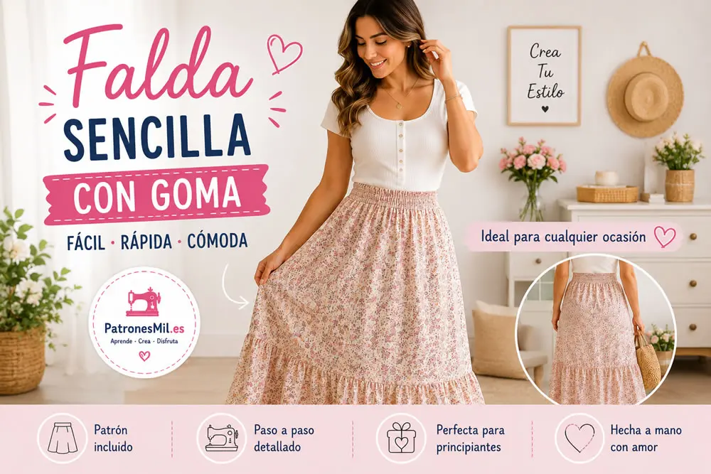 Falda sencilla con goma elástica confeccionada en tela floral con tutorial paso a paso
