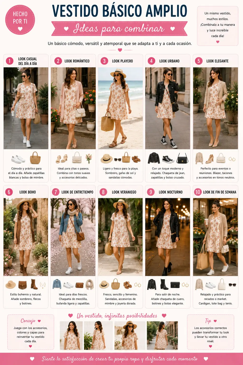 Ideas para combinar un vestido básico amplio con diferentes looks y estilos femeninos