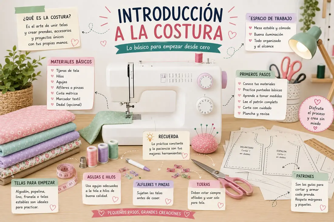 Introducción a la costura desde cero con máquina de coser, telas, hilos, patrones y herramientas básicas de confección