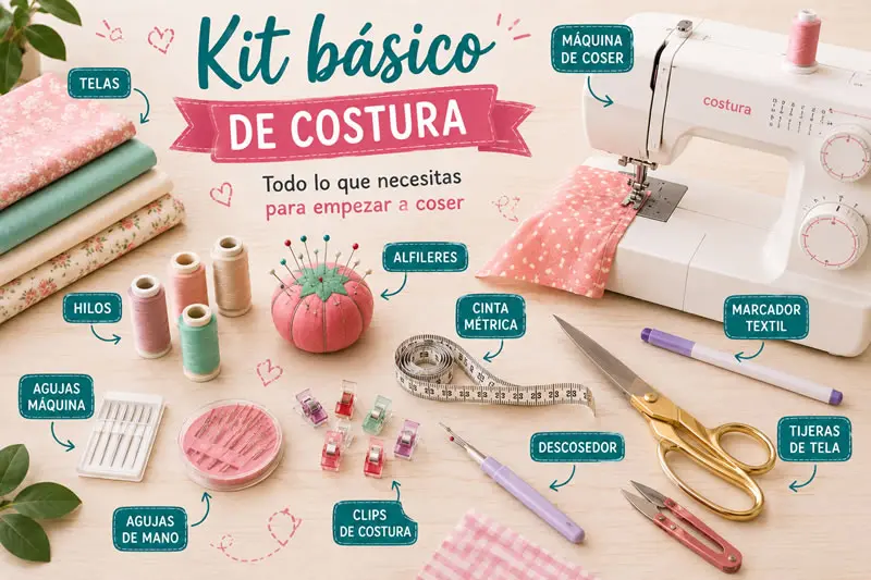 Materiales básicos para empezar a coser con tijeras, hilos, agujas, alfileres, cinta métrica, telas y máquina de coser