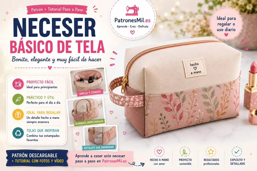 Neceser básico de tela elegante con cremallera y estampado floral cosido paso a paso