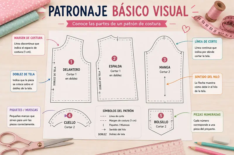 Patronaje básico visual con margen de costura, línea de corte, piquetes, doblez de tela y piezas numeradas