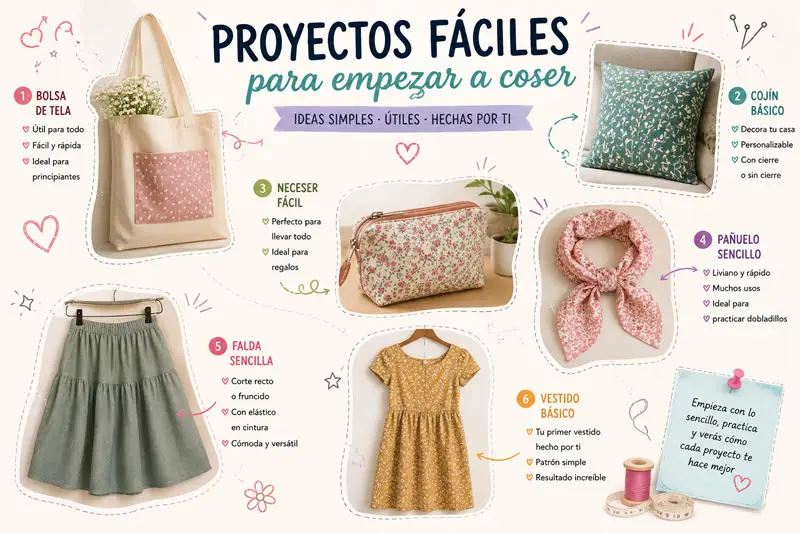Primeros proyectos fáciles de confección para principiantes con bolsa de tela, cojín, neceser, pañuelo, falda sencilla y vestido básico