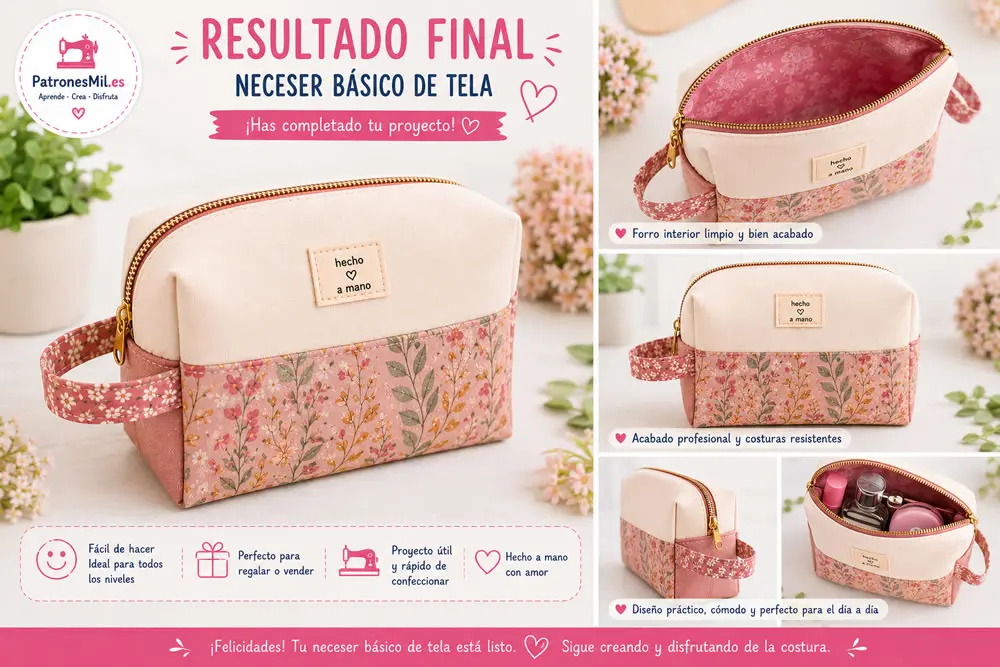Resultado final de neceser básico de tela floral con cremallera y acabado profesional