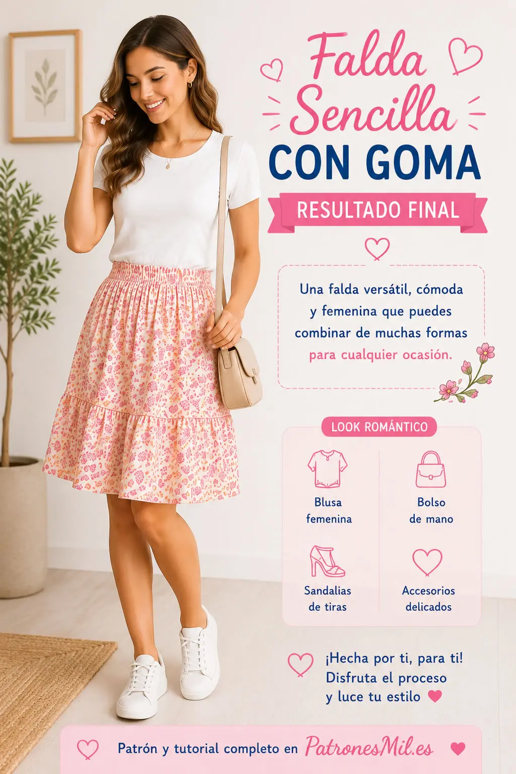 Resultado final de falda sencilla con goma elástica y volante inferior en tela floral