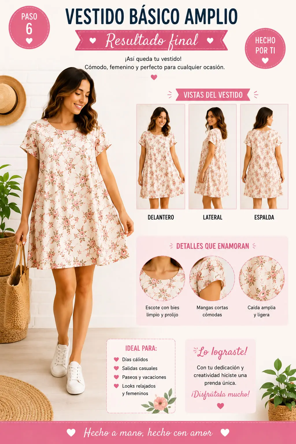 Resultado final del vestido básico amplio confeccionado en tela floral con acabado femenino y moderno