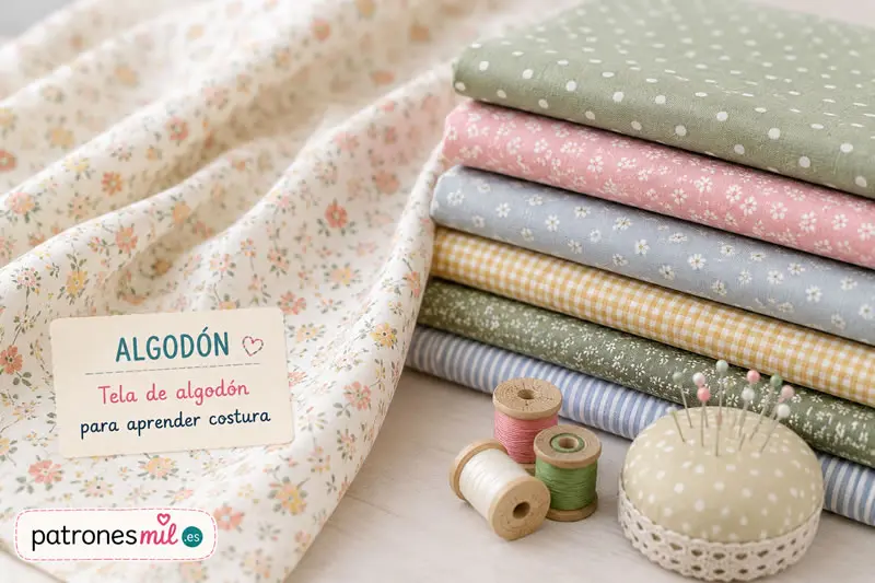 Tela de algodón estampada para aprender costura con carretes de hilo, alfileres y telas de algodón organizadas
