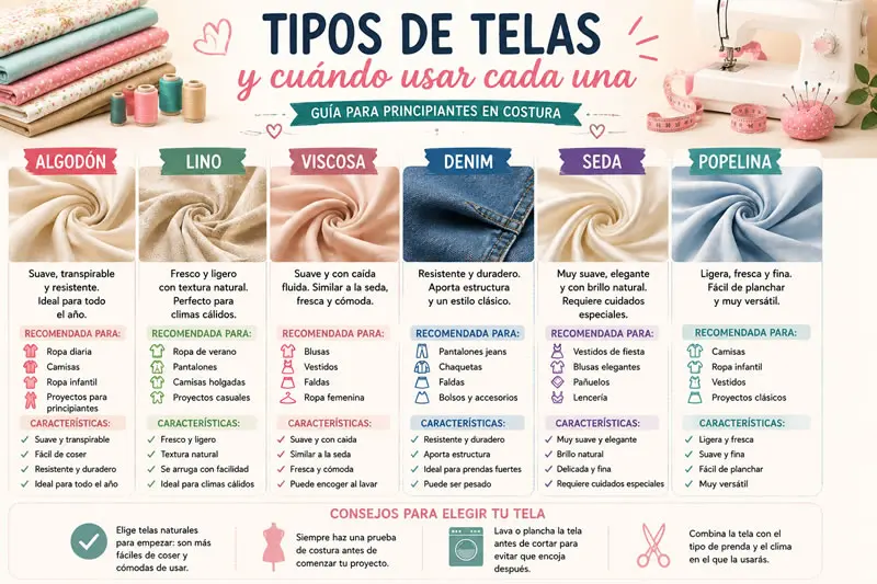 Infografía de tipos de telas para costura con algodón, lino, viscosa, denim, seda y popelina