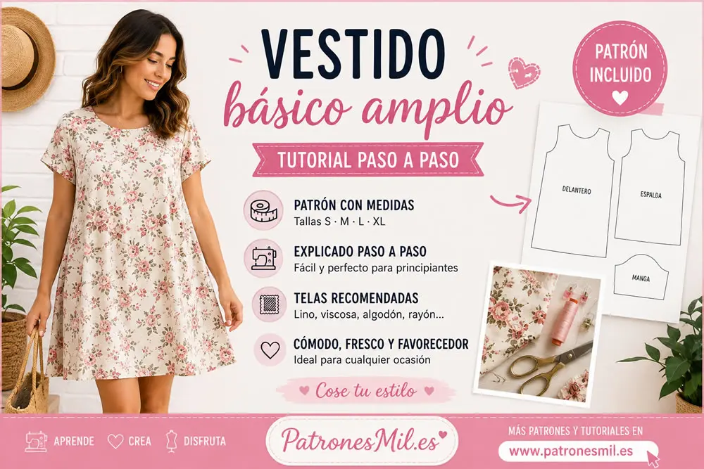 Vestido básico amplio de tela floral con patrón incluido y tutorial de costura paso a paso