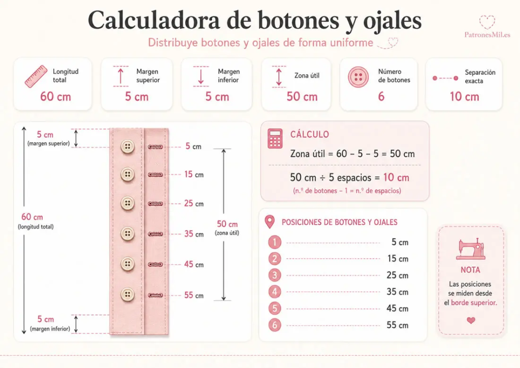 calculadora de botones y ojales con separación, márgenes y posiciones de cada botón