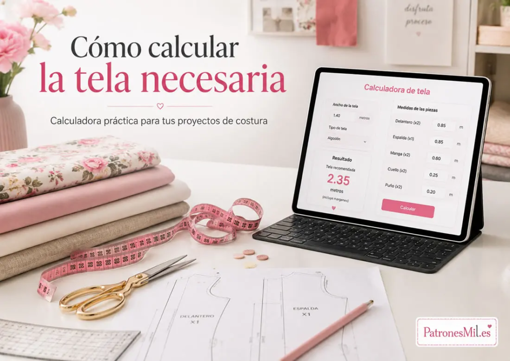 Calculadora de tela para costura con patrones, telas, cinta métrica y cálculo de metros necesarios.