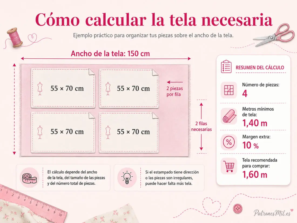 Calculadora de tela necesaria para costura con campos de ancho de tela, medidas de las piezas y resultado en metros recomendados.