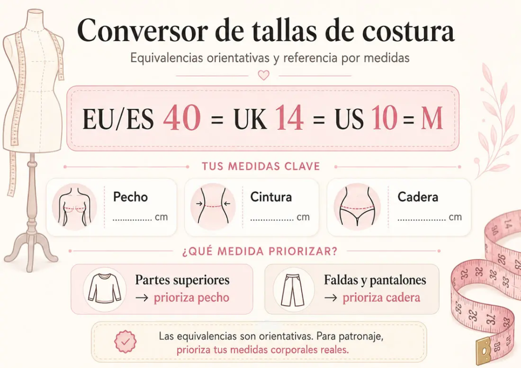 conversor de tallas de costura con equivalencias EU, UK, US y tallas por medidas