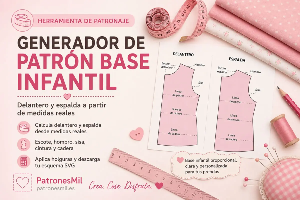 Generador de patrón base infantil con delantero espalda escote hombro sisa cintura y cadera