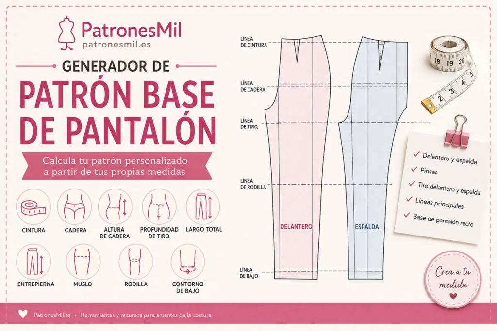 Generador de patrón base de pantalón con delantero espalda tiro cintura cadera rodilla y bajo