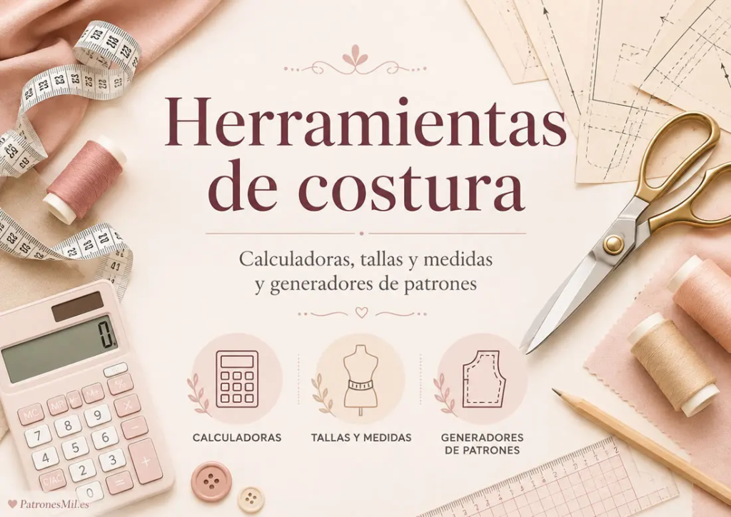 Herramientas de costura con calculadoras, tallas y medidas y generadores de patrones