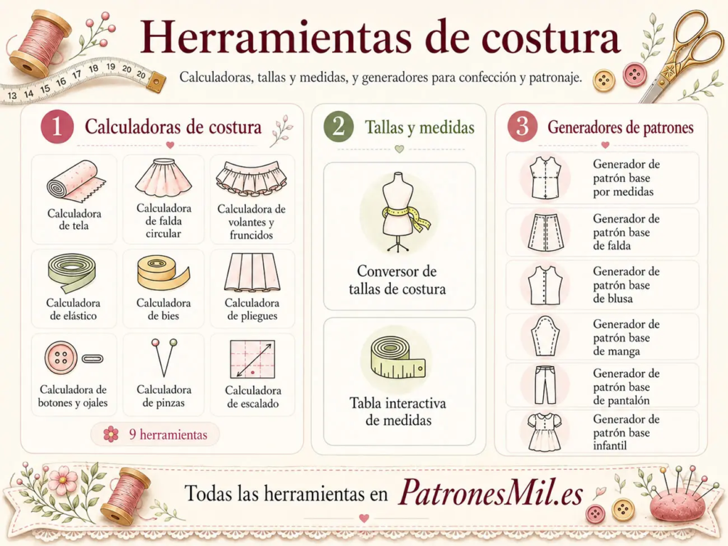 Infografía de herramientas de costura con calculadoras de tela, falda circular, volantes y fruncidos, elástico, bies, pliegues, botones y ojales, pinzas y escalado, además de conversor de tallas, tabla de medidas y generadores de patrón base de cuerpo, falda, blusa, manga y pantalón.