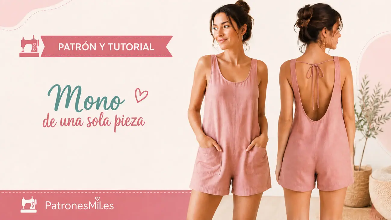 Mono de una sola pieza visto por delante y por detrás con patrón y tutorial