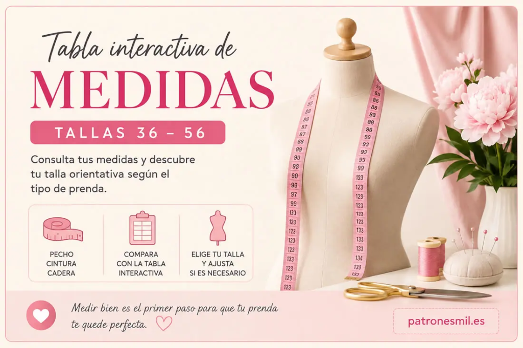 Tabla interactiva de medidas 36–56 para consultar pecho cintura cadera y talla orientativa