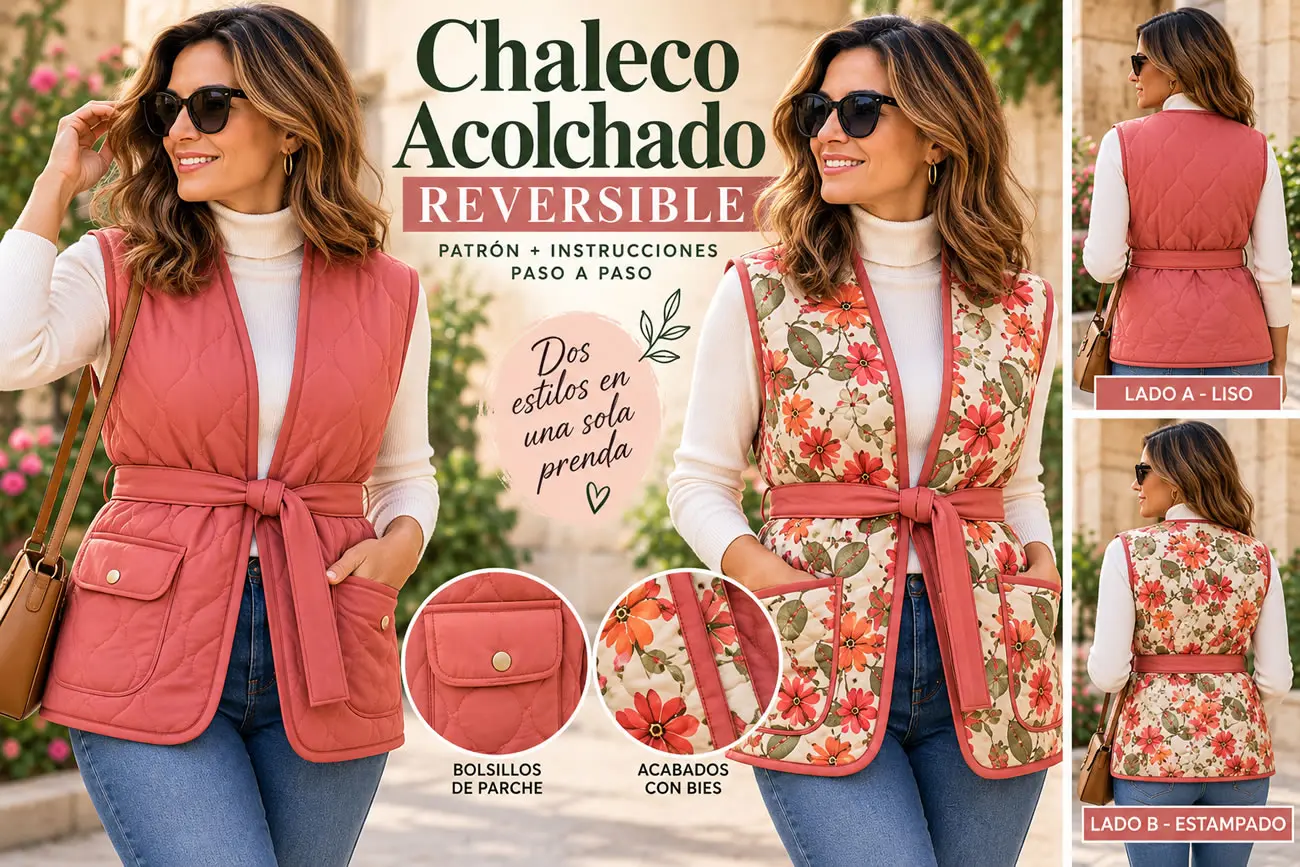 Chaleco acolchado reversible de mujer con patrón e instrucciones paso a paso