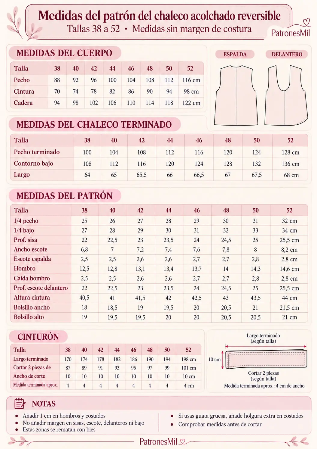 Medidas de chaleco acolchado reversible