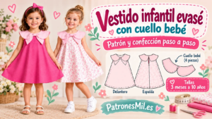 Dos niñas con vestidos infantiles evasé, uno rosa liso y otro estampado, con cuello bebé y esquemas de patronaje.